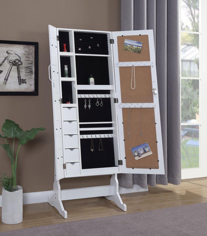 Doyle Cheval Mirror with Jewelry Storage – Full Length White Standing Mirror Armoire with Velvet Lining, Hooks, Drawers & Keepsake Display