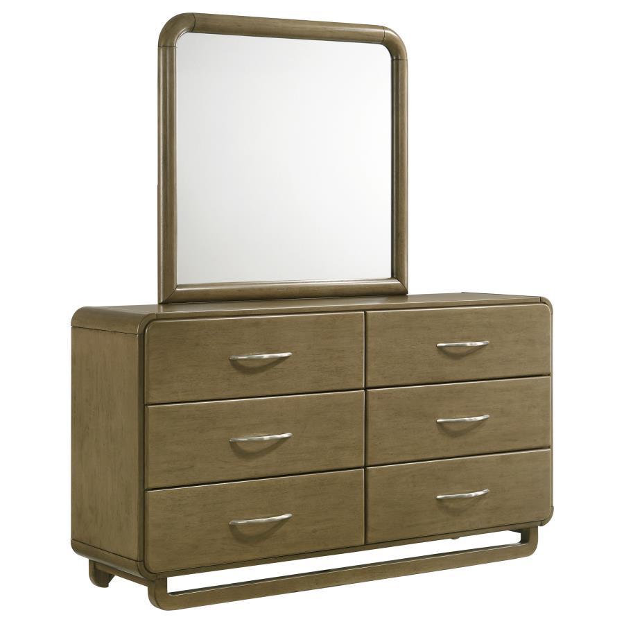 Amsbury 6-Drawer Dresser and Mirror Set in Nutmeg Finish with Rounded Corners, Matte Nickel Hardware, Smooth Metal Glides, and Hardwood Build