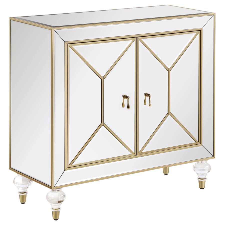 Lupin - 2-Door Mirrored Storage Accent Cabinet - Champagne with Inverted Beveled Doors, Pendant Pulls, Acrylic Feet & Interior Shelves