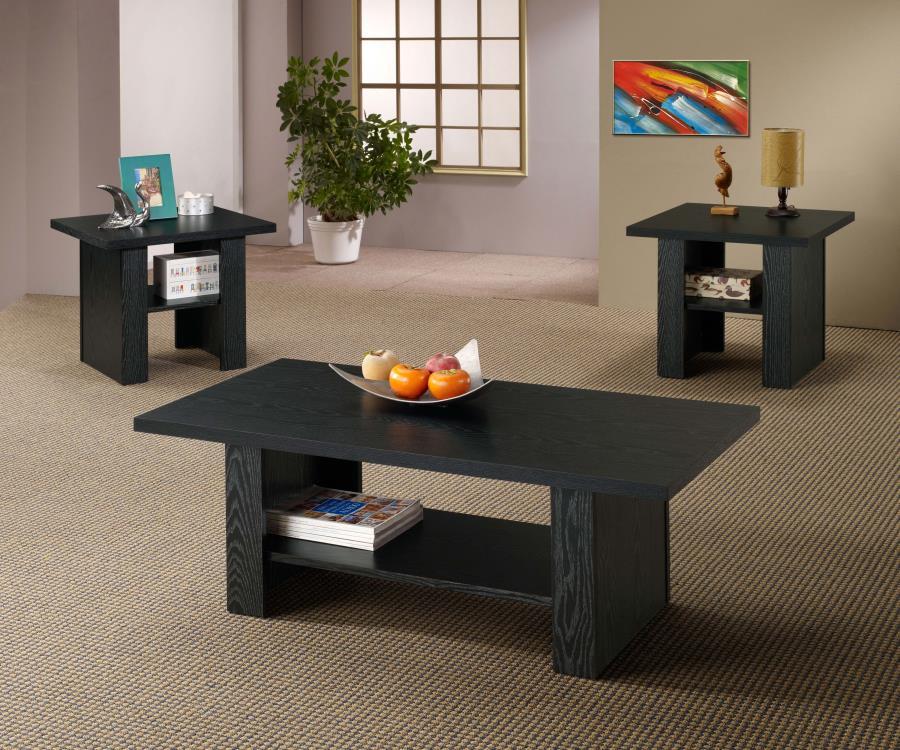 Rodez 3-Piece Coffee Table Set in Black Oak, Engineered Wood with Scratch-Resistant Laminate, Includes Coffee Table and Two End Tables, Modern Living Room
