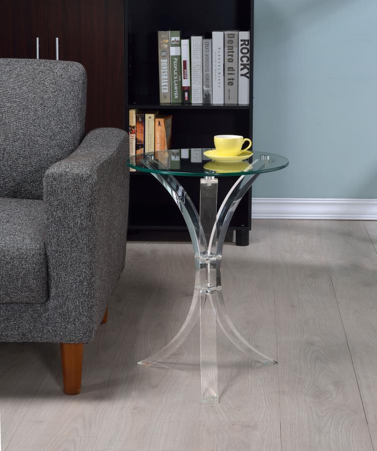 Laning Round Glass Top Acrylic Side Table – Clear Tempered Glass Surface with Transparent Acrylic Tripod Legs, Modern Accent Table for Living Room