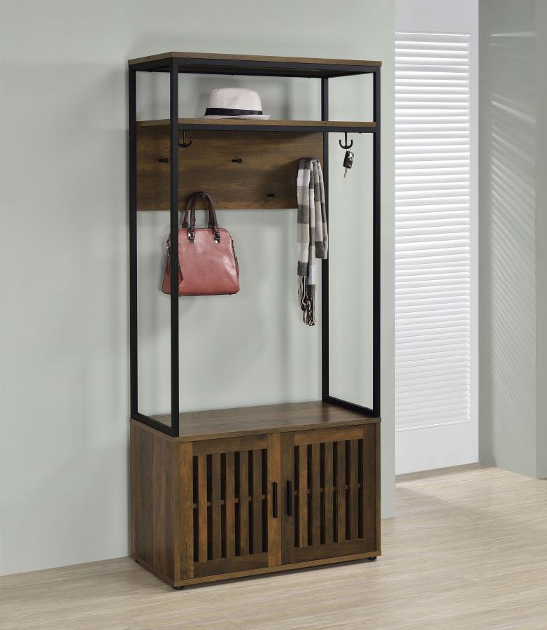 Quincy 2-Door Coat Rack Hall Tree Storage Bench in Dark Pine – Rustic Entryway Organizer with Hooks, Shelves, and Concealed Cabinet Storage