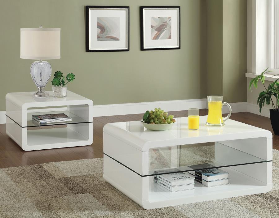Elana Rectangular Coffee Table with 1 Shelf in White High Gloss Finish, Clear Tempered Glass, Smooth Curved Corners & Modern Living Room Design