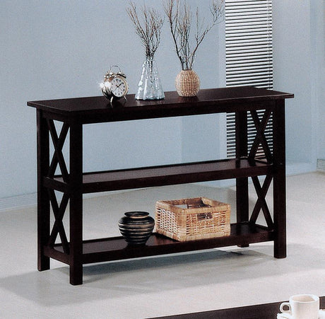 Rachelle - 2-Shelf Wood Entryway Console Table - Deep Merlot with Geometric X-Design & Spacious Storage