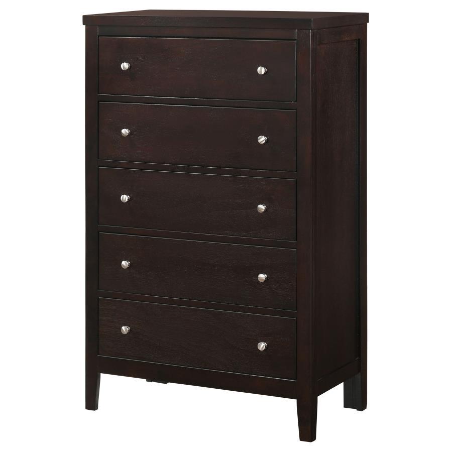 Carlton 5-Drawer Bedroom Chest – Rich Cappuccino Finish, Brushed Silver Handles, Spacious Storage, Elegant Solid Wood Chest for Master Bedroom