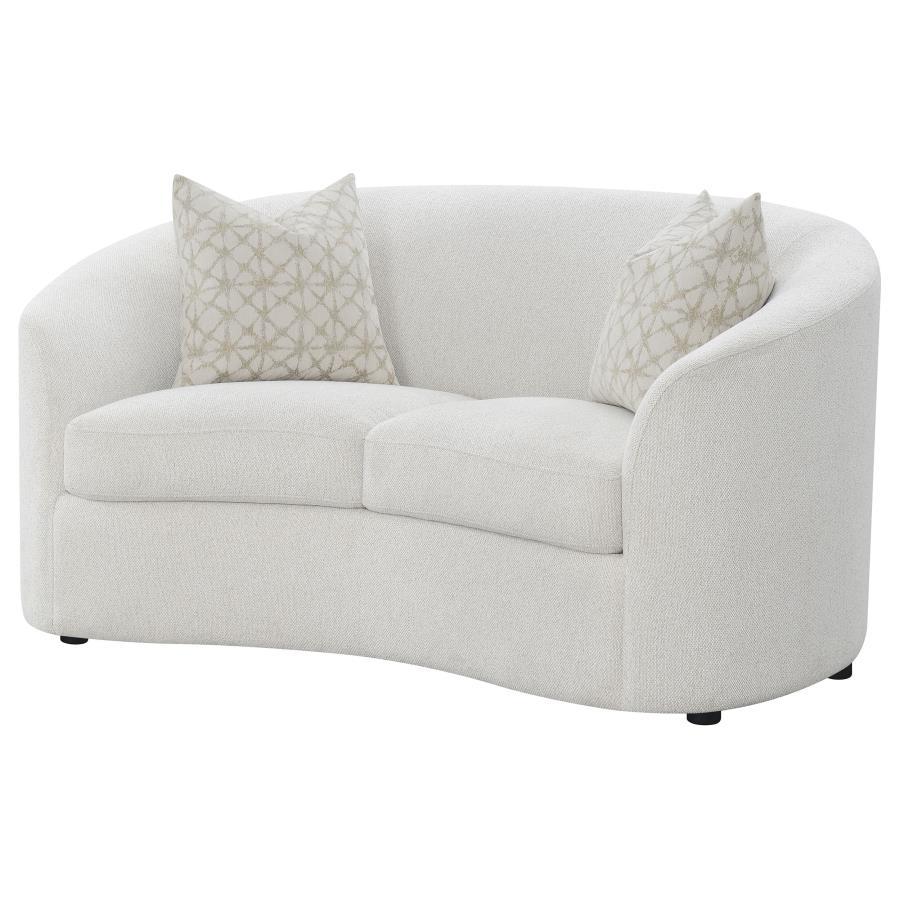 Rainn Boucle Upholstered Sloped Arm Loveseat – Latte, Mid-Century Modern Curved Seating with Plush Cushions and Stylish Black Legs