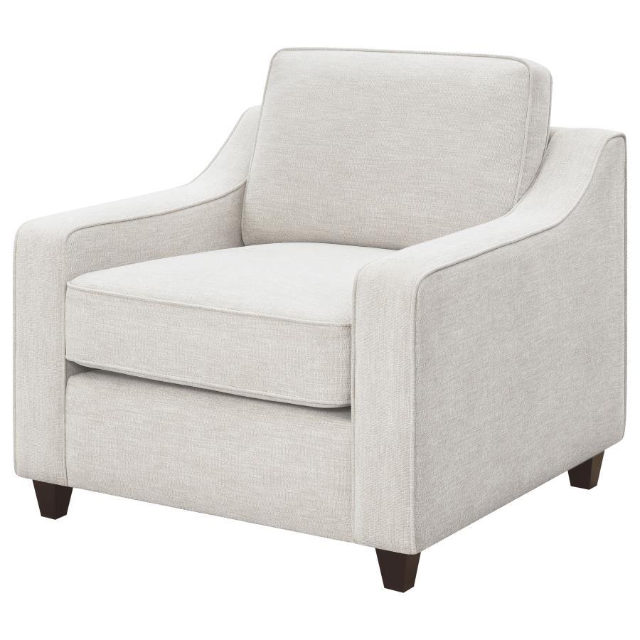 Christine Upholstered Sloped Arm Accent Chair – Beige, Boxed Seat & Back Cushions, Tapered Dark Legs, Woven Chenille, Transitional & Farmhouse Design