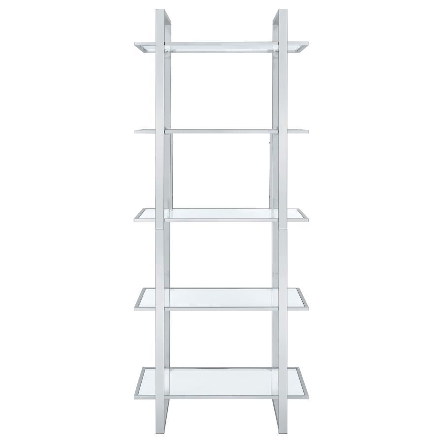 Hartford 5-Shelf Glass Bookshelf in Chrome – Modern Contemporary Metal & Tempered Glass Storage for Photos, Décor, Keepsakes, and Office Organization