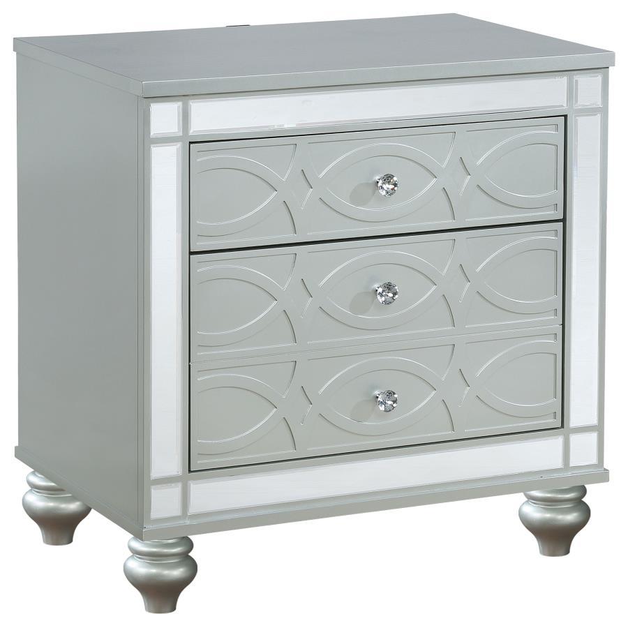 Gunnison 2-Drawer Nightstand in Silver Metallic – Modern Glam Accent with Crystal Pulls, Dual USB Ports, Felt-Lined Drawer & Fretwork Design