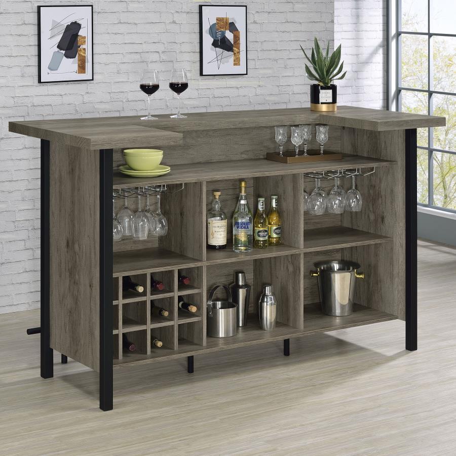 Bellemore Freestanding Home Bar Wine Cabinet in Gray Driftwood – Rustic U-Shape Design with 12-Bottle Storage & Stemware Racks