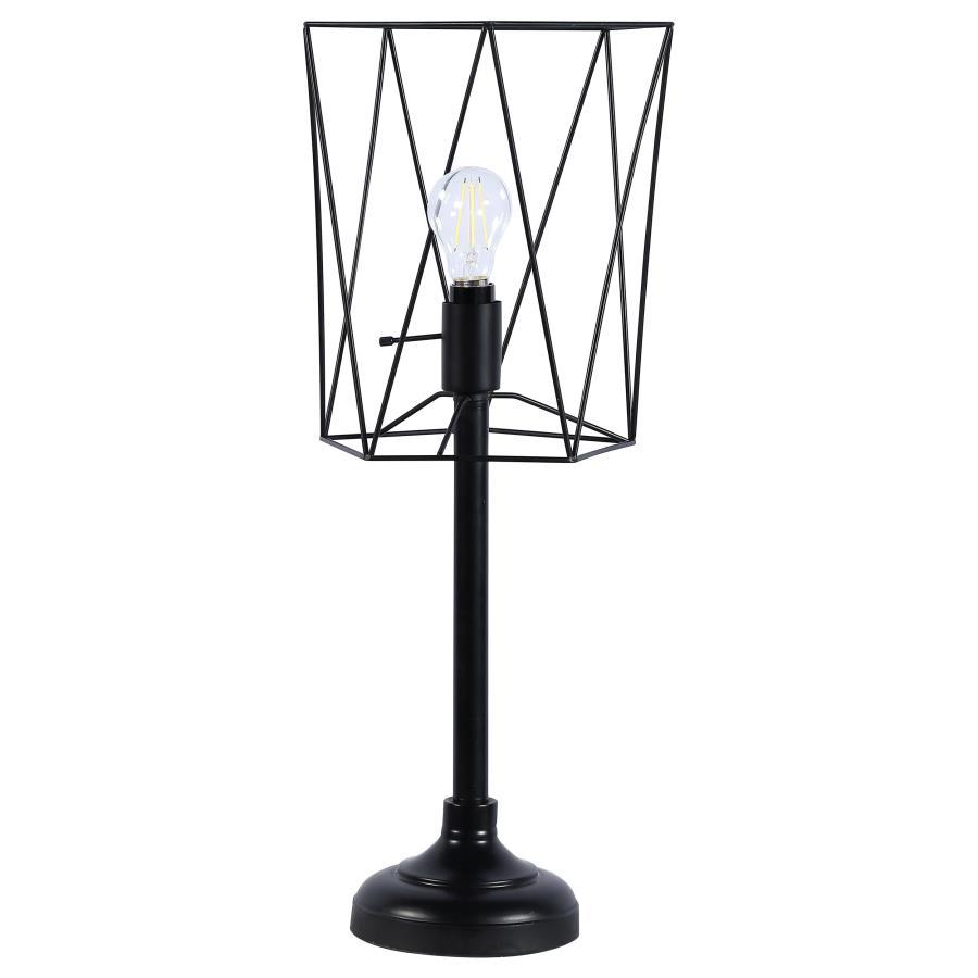 Mayfield Open Frame Torch Table Lamp – Industrial Wire Cage Design with Edison Bulb, Sleek Black Torch Base and Tiered Round Platform for Modern Desk or Accent Table