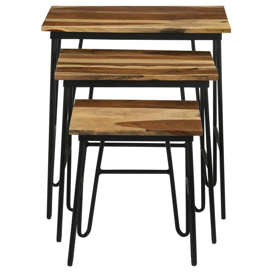 Nayeli 3-Piece Solid Sheesham Wood Nesting Tables – Natural Wood Tops with Black Iron Hairpin Legs, Rustic Industrial Accent Tables for Living Rooms
