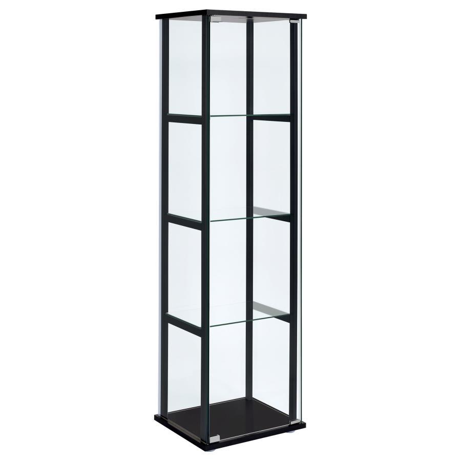 Cyclamen 4-Shelf Clear Glass Curio Display Cabinet – Black Tempered Glass Shelves, Push-to-Open Doors, Modern Compact Display Cabinet