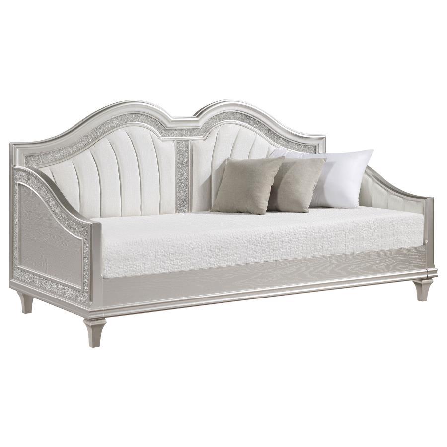 Evangeline Upholstered Twin Daybed – Silver Oak, Elegant Curved Design with Faux Diamond Trim, Guest Bed, Small Space Friendly, Luxurious Style