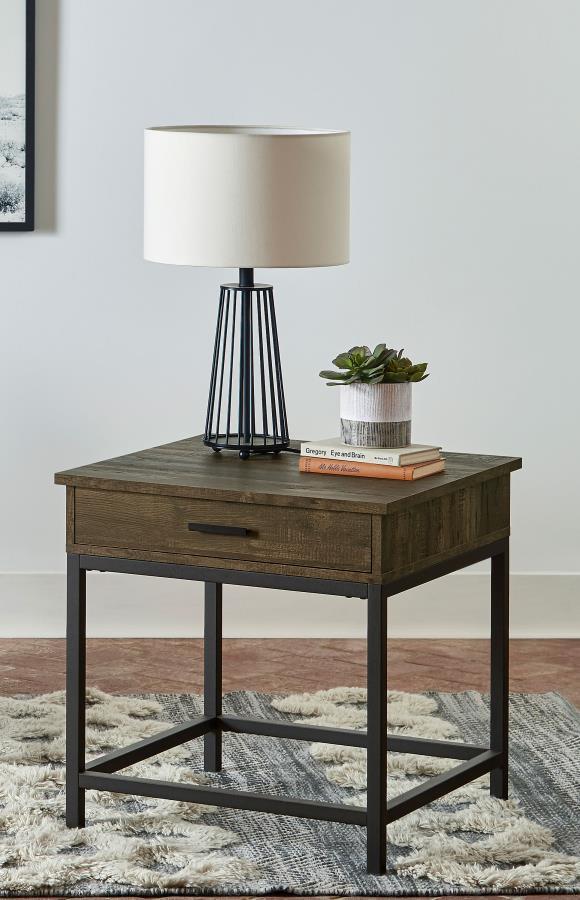 Byers 1-Drawer Square Engineered Wood End Table - Brown Oak with Black Metal Legs, Rustic Modern Design, Compact, Functional Storage and Stylish Accent Piece for Living Room and Bedroom