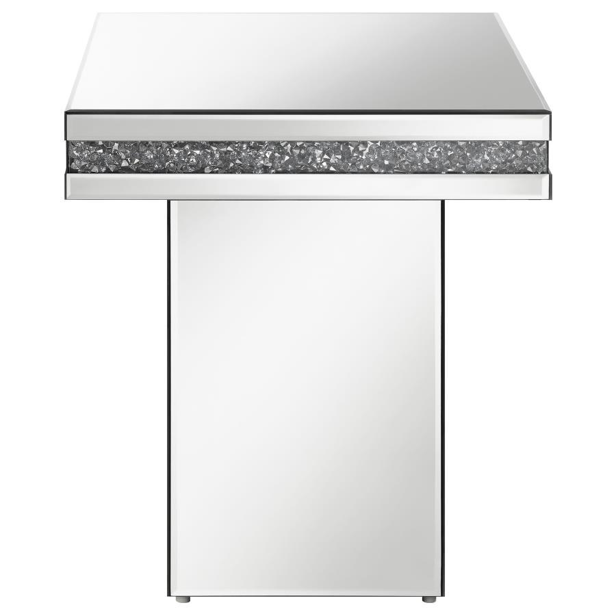 Elora Square Mirrored Accent Side Table – Silver Finish with Acrylic Crystal Detail, Modern Glam Pedestal Table for Living Room, Bedroom, or Entryway