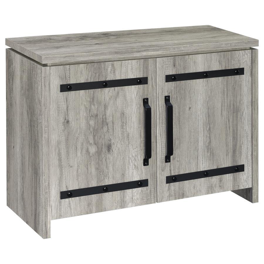 Enoch 2-Door Engineered Wood Accent Cabinet – Gray Driftwood Finish with Dark Hardware and Nailhead Accents, 4 Shelves for Storage in Living Room or Entryway