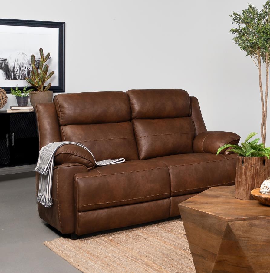 Ellington Upholstered Padded Arm Loveseat, Dark Brown Faux Leather, Pillowtop Arms, Pocket Coil Seating, Foam Cushions, Transitional Living Room