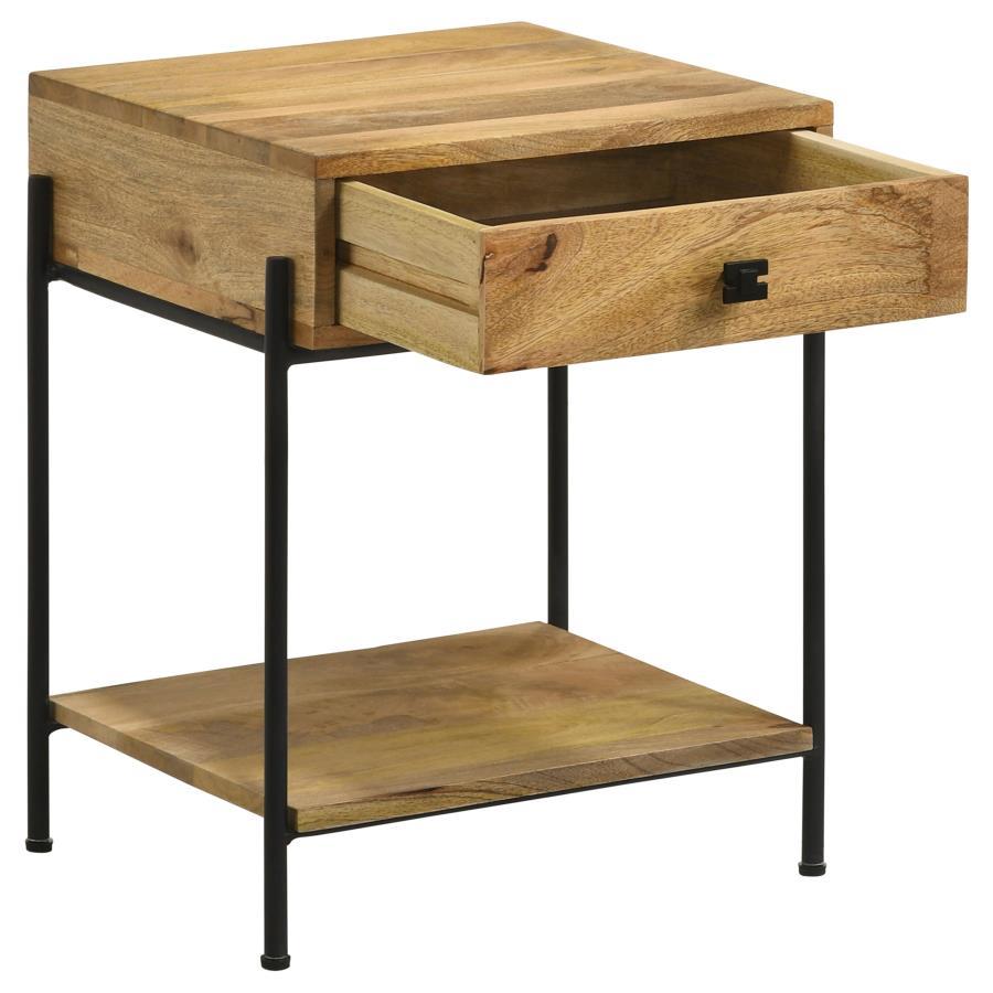 Declan 1-Drawer Wood Accent Side Table – Natural Mango Solid Wood Top with Black Iron Frame, Single Drawer Storage and Open Bottom Shelf