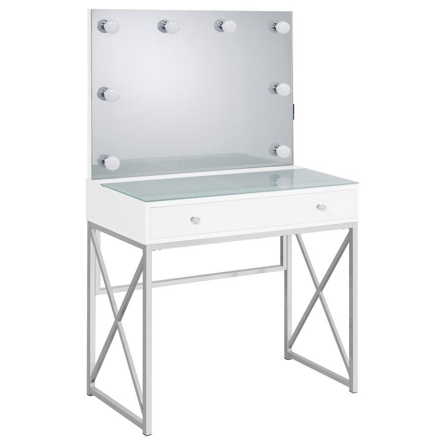 Eliza Vanity Set with Lighting & Stool in White and Chrome – Modern Makeup Table with Lighted Mirror, Large Drawer & Padded Stool for Bedroom