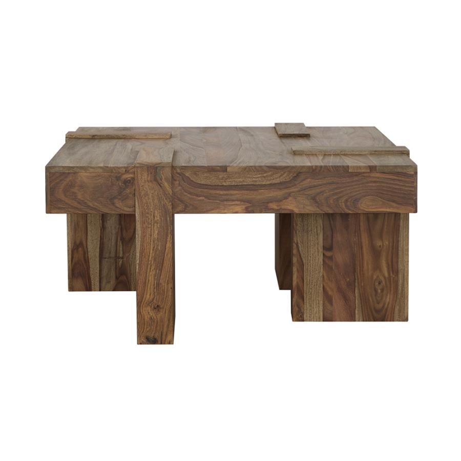Samira - Square Solid Wood Coffee Table in Natural Sheesham – Modern Farmhouse Cocktail Table with Geometric Base for Living Room Centerpiece