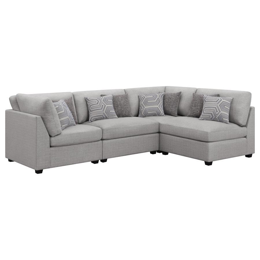 Cambria 4-Piece Modular Sectional Sofa – Gray Upholstered L-Shaped Couch with Armless Chair, Corner Seat, Tapered Block Feet, Accent Pillows