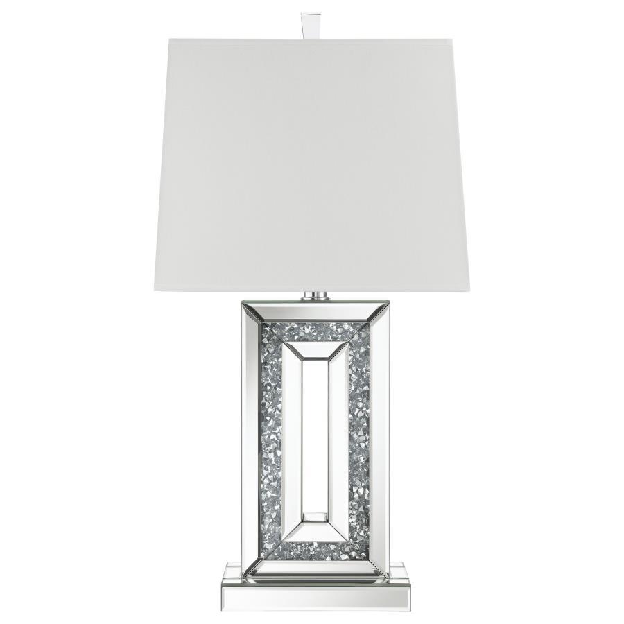 Ayelet Tapered Shade Mirrored Table Lamp in Silver – Crystal Accent Base with Beveled Mirror Panels and White Fabric Shade for Glamorous Modern Lighting