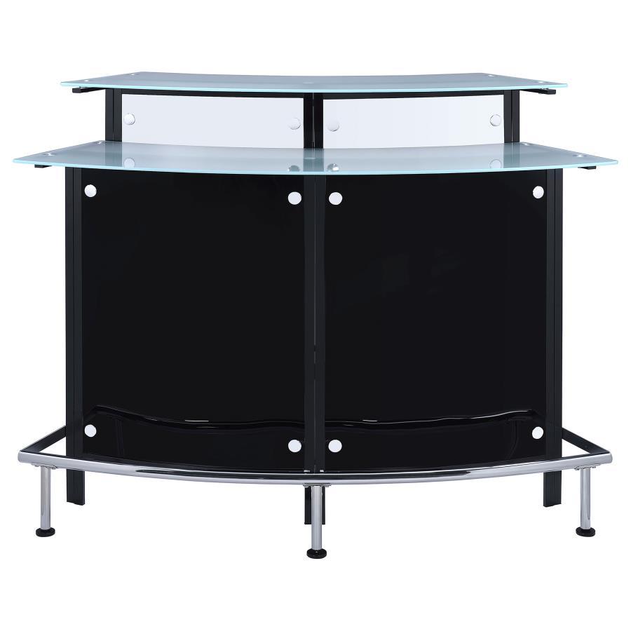 Keystone Curved Glass Top Home Bar Wine Cabinet in Black – Modern Chrome Accents, Dual-Tier Glass Shelves & Metal Footrest for Entertaining