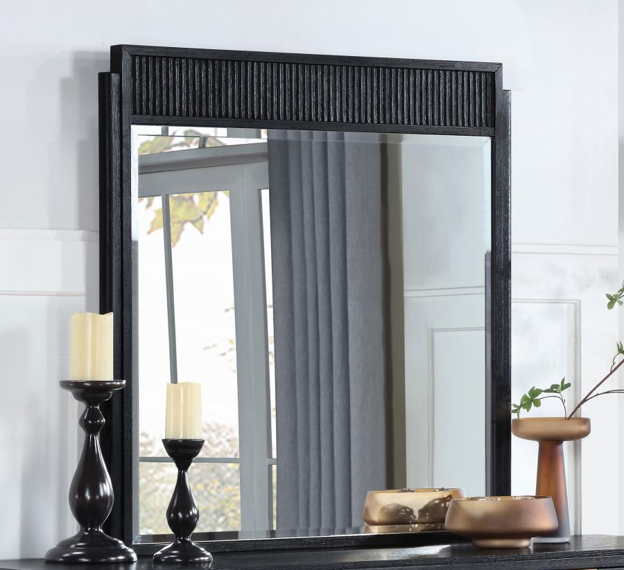 Brookmead Dresser Mirror in Black – Fluted Panel Design, Beveled Glass, Wire-Brushed Finish, Stylish Wall-Mounted Accent for Bedroom or Vanity