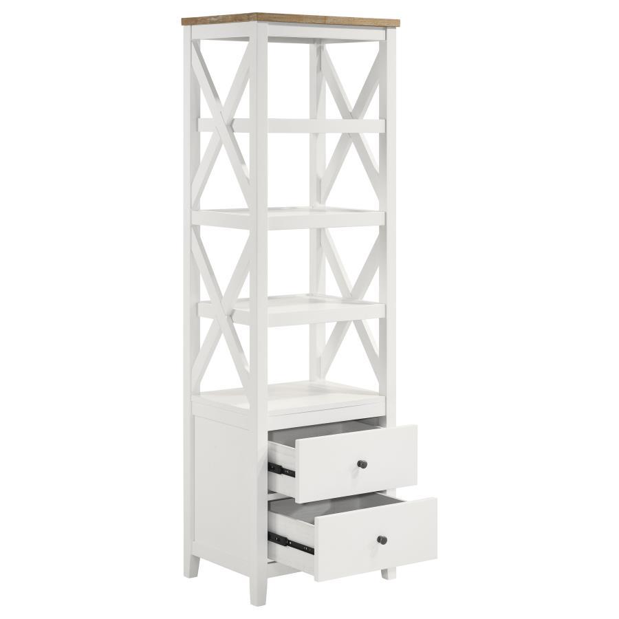 Hollis 4-Shelf Wood Media Tower with Drawers – White Frame & Brown Ash Veneer Top, Rustic Farmhouse Cottage Coastal Modern Storage Bookcase Cabinet