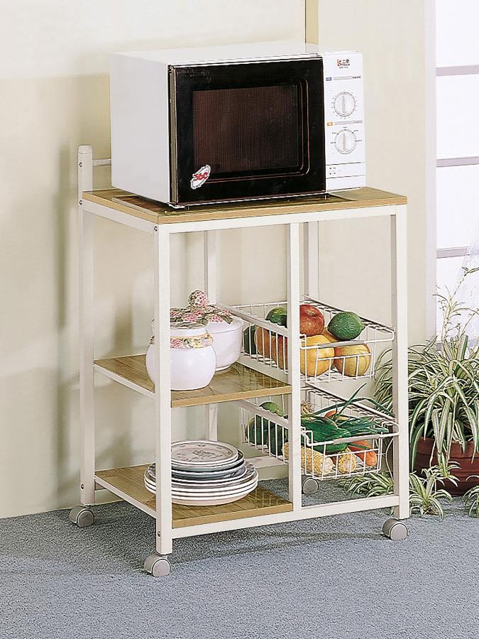 Kelvin 2-Shelf Mobile Kitchen Cart in Natural Brown & White – Rolling Storage Cart with Wire Baskets, Spacious Shelves, and Multi-Purpose Utility