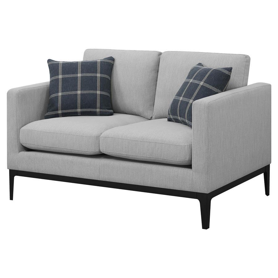 Apperson Upholstered Track Arm Loveseat – Light Gray Casual Comfort with Plaid Accent Pillows – Modern Living Room Furniture