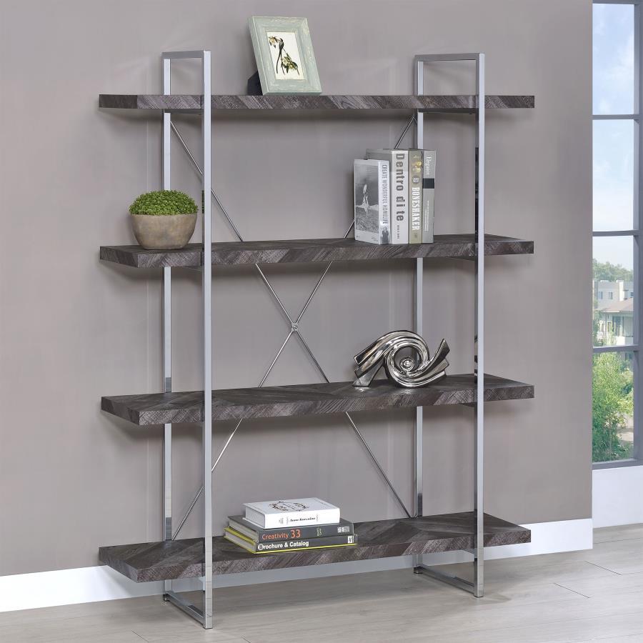 Grimma - 4-Shelf Bookshelf in Rustic Gray and Chrome – Industrial-Modern Display with X-Back Support, Open Shelves, and Durable Engineered Wood Frame
