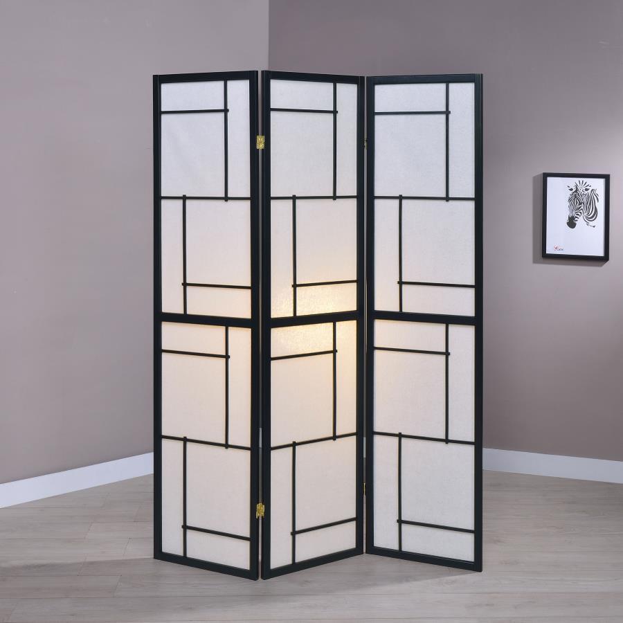 Damis 3-Panel Folding Shoji Screen Room Divider – Black Frame, Geometric Pattern, Adjustable Panels for Privacy, Modern Mid-Century Style