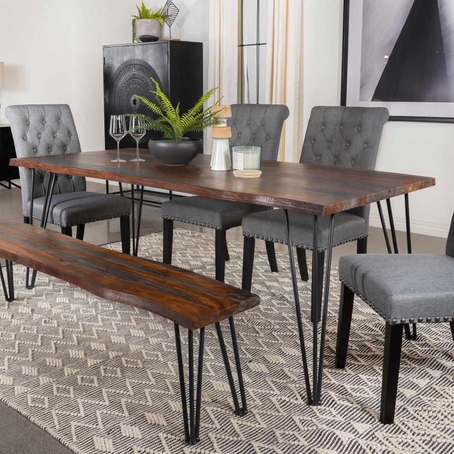 Neve Live Edge Dining Table – Gray Sheesham Wood Top, Industrial Gunmetal Hairpin Legs, Rustic Modern Style, Spacious 80-Inch Dining Table