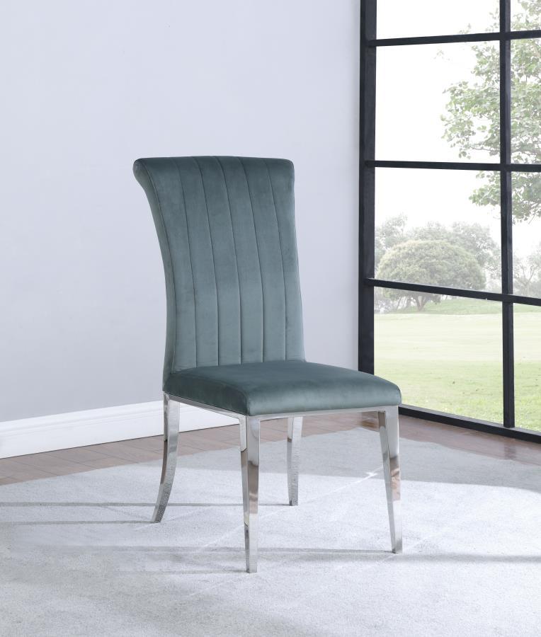 Beaufort 2-Piece Upholstered Dining Side Chair Set – Luxurious Steel Gray Velvet, Vertical Tufting, Cushioned Seat, Rolled Back, Polished Stainless Steel Legs