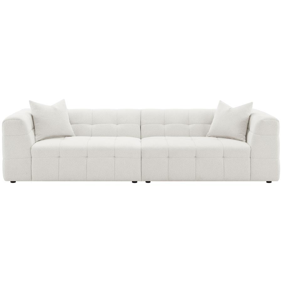 Everly Boucle Upholstered Extra Long Sofa in White – 114-Inch Plush XL Sofa with Grid Tufting, Decorative Pillows, and Stylish Modern Design