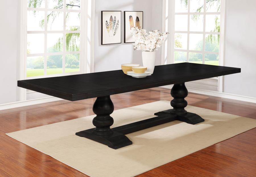 Phelps Extension Leaf Dining Table - Distressed Noir Finish, Formal Trestle-Style Base, Polished Antique Wood, Extra-Long Elegant Dining Table