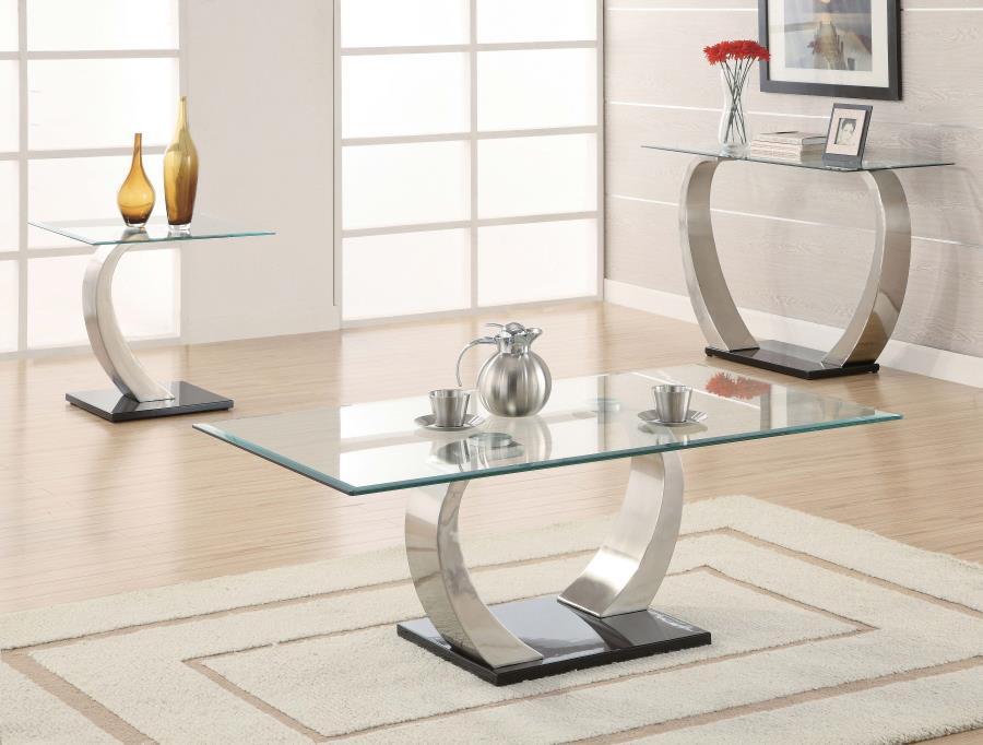 Pruitt Rectangular Glass Top Metal Side End Table in Satin Silver with Polished Black Base, Curved Contemporary Design, Modern Accent Table for Living Room