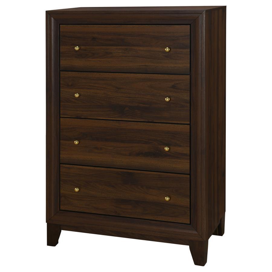 Welsley 4-Drawer Chest of Drawers – Walnut Finish with Gold Knobs, Scratch-Resistant Engineered Wood, Modern Bedroom Storage Solution