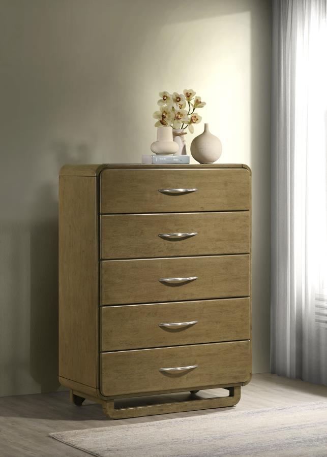 Amsbury 5-Drawer Chest of Drawers in Nutmeg – Modern Storage Solution with Metal Glides, Rounded Corners, and Matte Nickel Hardware