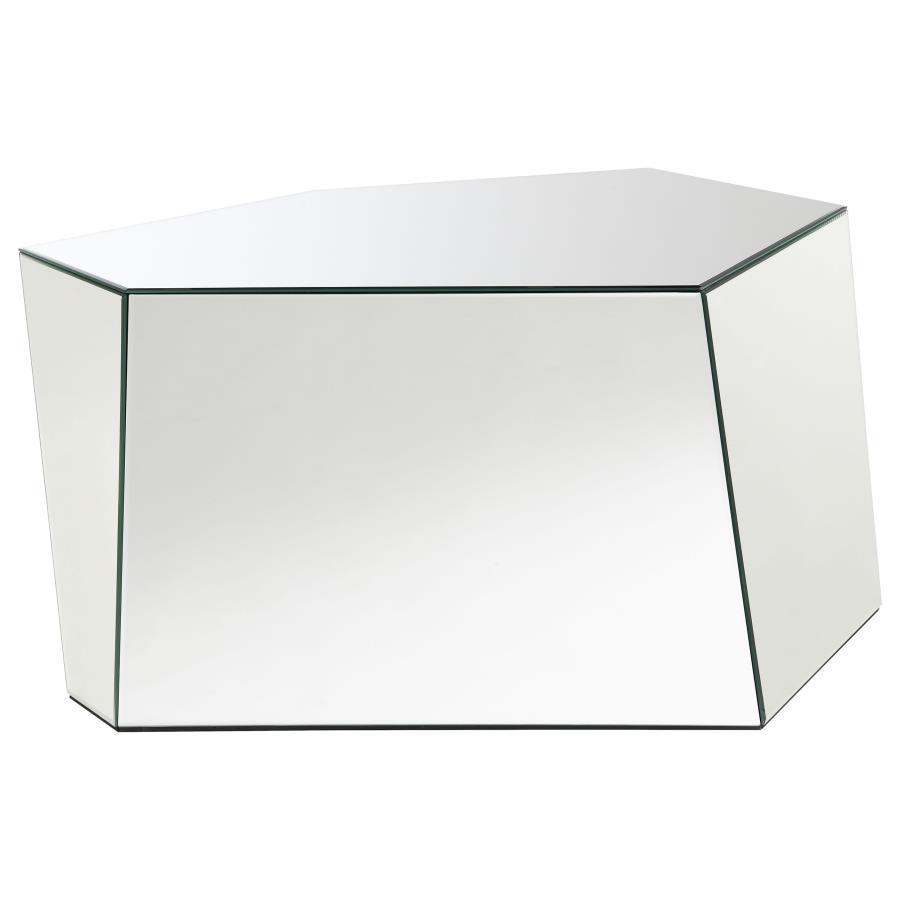 Capella Mirrored Abstract Geometric Coffee Table – Silver Hexagonal Accent Table with Contemporary Design for Modern Living Room Glam