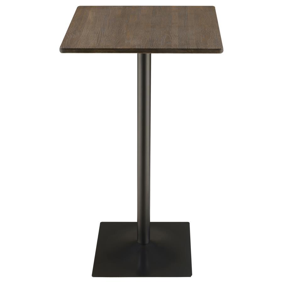Cavalier Square Pub Height Bistro Bar Table – Dark Elm Bamboo Top, Industrial Black Metal Base, Modern Pedestal Design, Seating for Up to Four