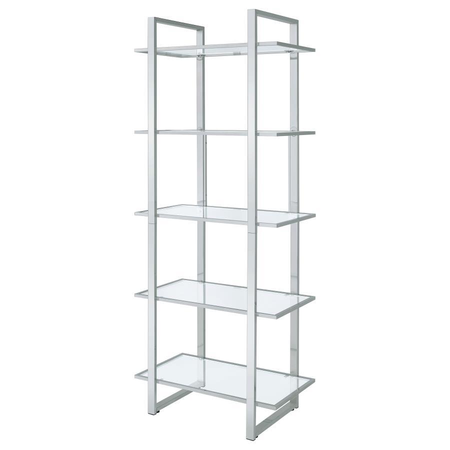 Hartford 5-Shelf Glass Bookshelf in Chrome – Modern Contemporary Metal & Tempered Glass Storage for Photos, Décor, Keepsakes, and Office Organization
