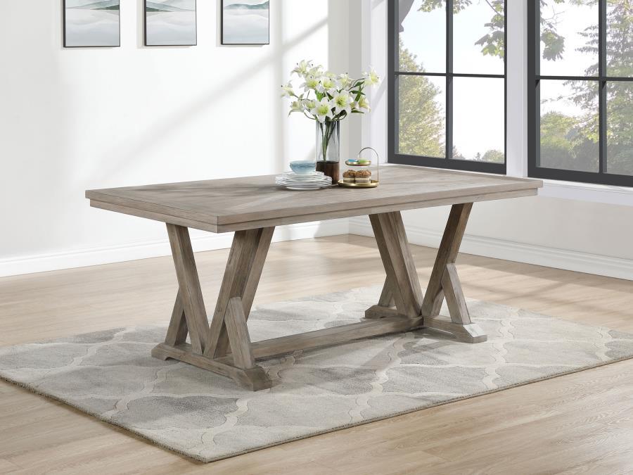 Cornelia Rectangular Dining Table – Coastal Gray Modern Farmhouse Design with Trestle Base, Acacia Wood Construction, Durable Dining Room Centerpiece