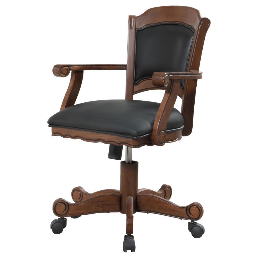 Turk Upholstered Swivel Dining and Game Chair - Tobacco Finish, Black Leatherette Seat, Caster Wheels, Curved Accents, Scalloped Design, Versatile Style