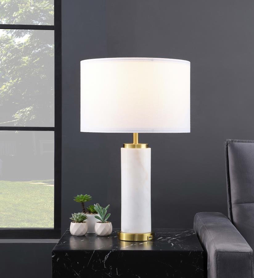 Lucius Drum Shade Marble Body Table Lamp – White Marble Column with Gold Accents, Textured White Shade, USB Charging, Modern Luxury LED Lighting