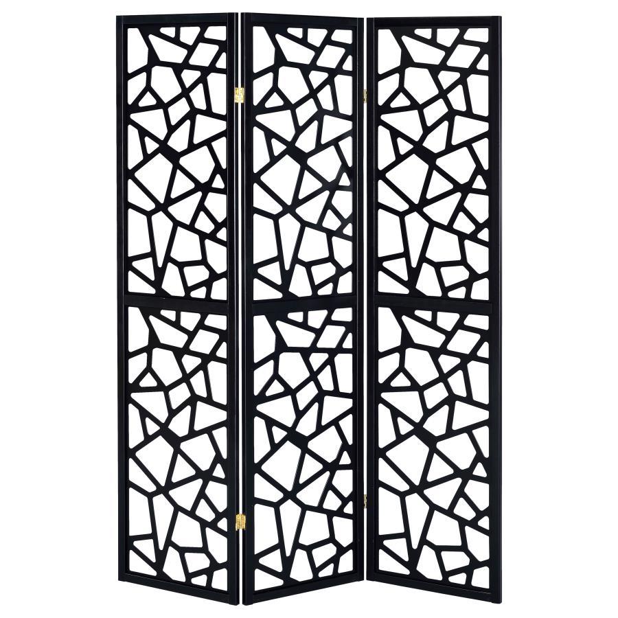 Nailan - 3-Panel Folding Room Divider Screen in Black – Open Mosaic Design, Solid Wood Frame, Modern Mid-Century Style Privacy Partition