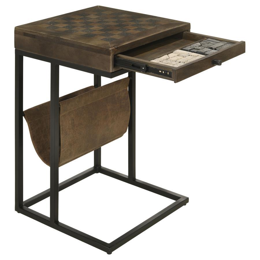 Chessie 1-Drawer Side Table with Leatherette Sling Tobacco Finish, Carved Chess Board Top, Iron Frame, Storage Drawer, Multifunctional Accent