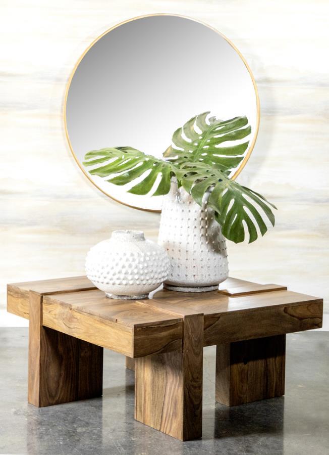 Samira - Square Solid Wood Coffee Table in Natural Sheesham – Modern Farmhouse Cocktail Table with Geometric Base for Living Room Centerpiece